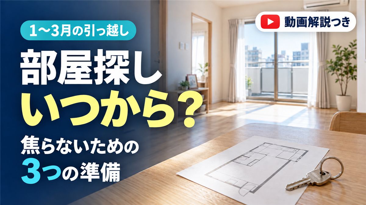 明るい室内と間取り図・鍵を背景に、1〜3月の部屋探しと3つの準備を案内する「動画解説つき」のアイキャッチ